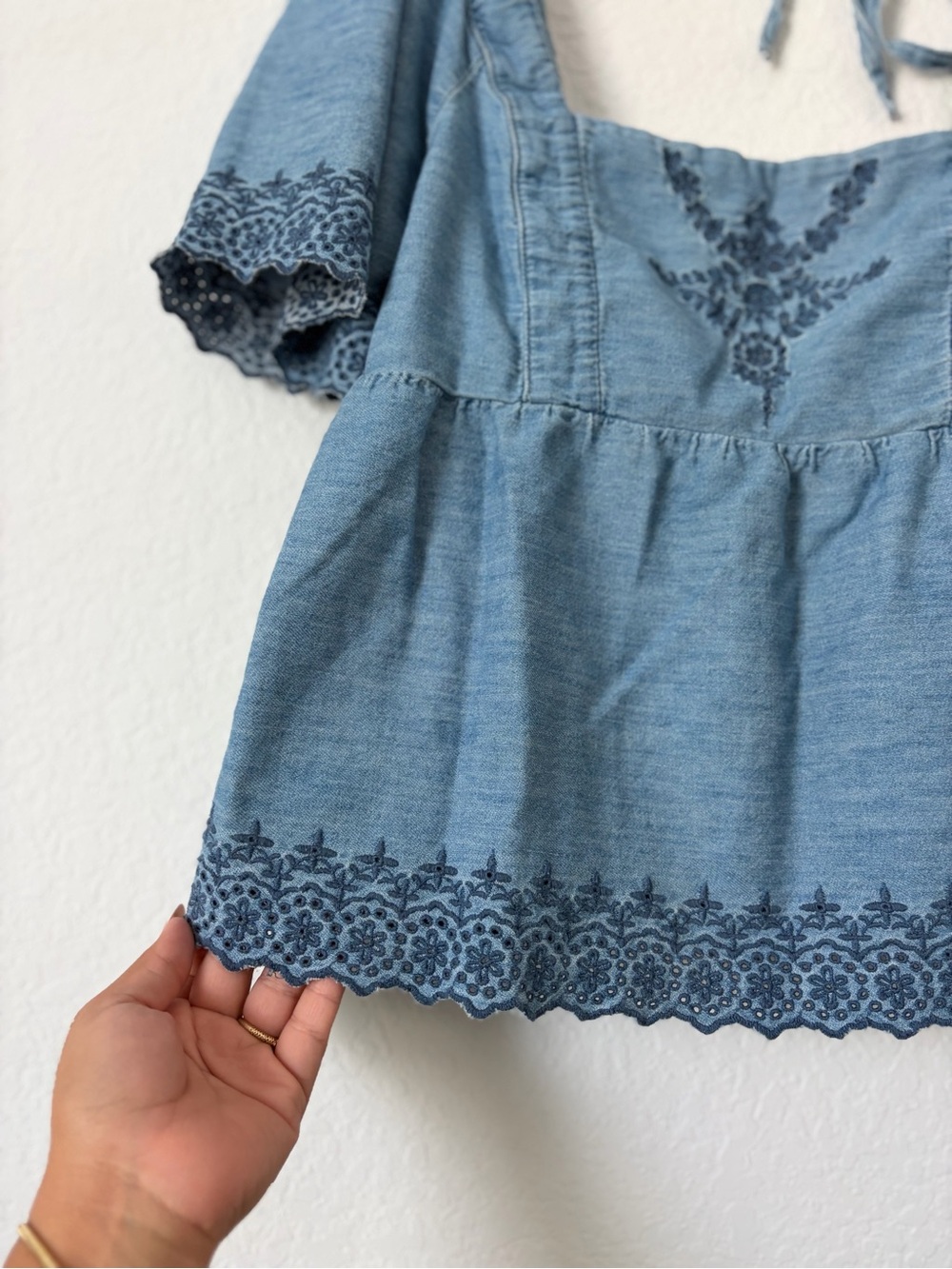 Small Denim Light Blue Embroidered Peplum Top